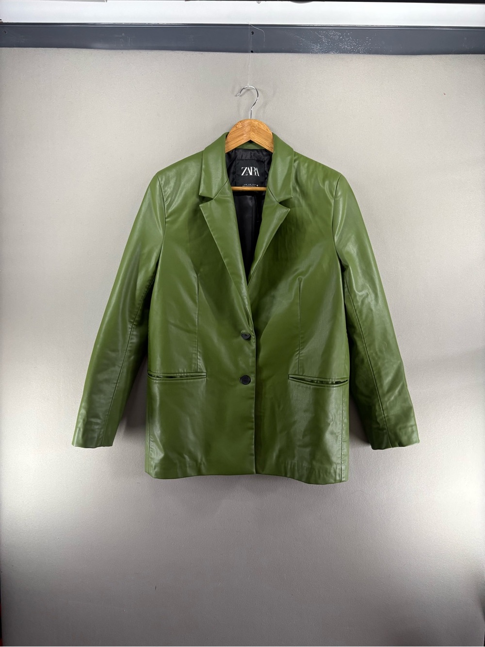 Zara Longline Faux Leather Blazer Jacket Womens Medium Olive Green Two-Button